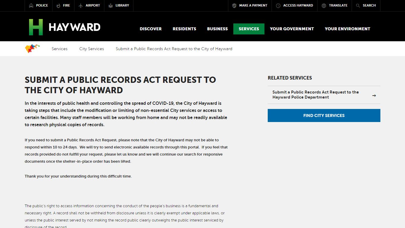 Submit a Public Records Act Request to the City of Hayward | City of ...